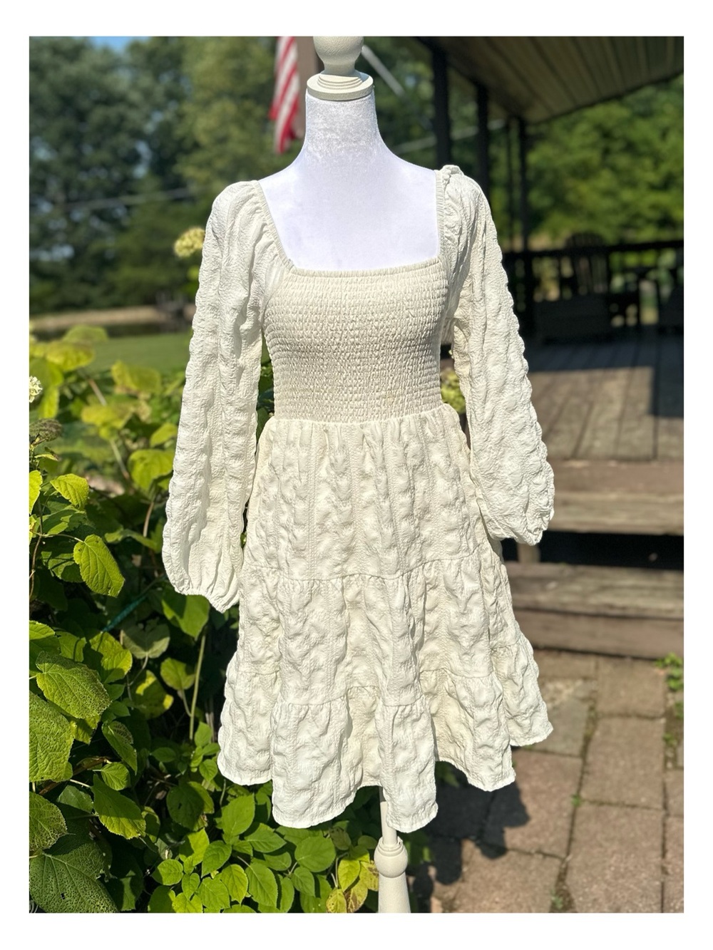 Ultra Flirt Cream Smocked Square-Neck Long Sleeve Tiered Mini Dress Size Small